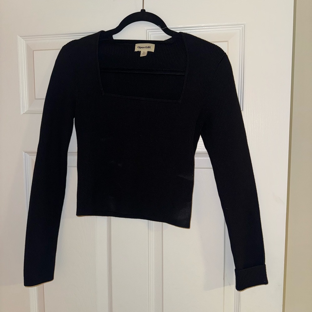 Open Edit Black Square Neck Ribbed Long Sleeve Top